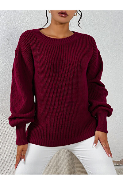 AQE FASHION Bisiklet Yaka Kol Motifli Triko Kadın Kazak BORDO XL