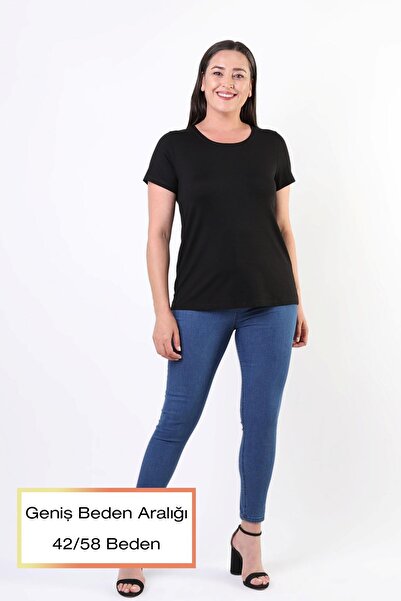 SERTUĞ Trend42plus Μαύρη μπλούζα με λαιμόκοψη Basic Plus Size