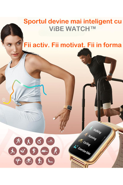 Smart Vibe Ceas Smartwatch ViBE™ WATCH Apel Bluetooth HD, 1.69” Borderless Intens Vision Fluid Touch, Gold