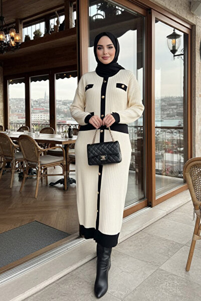 N.S NEVA STYLE Κρεμ πλεκτό φόρεμα με κουμπιά 17209KR