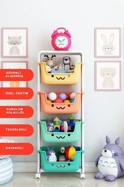 DEKOZUM JERRY 4 Katlı Oyuncak Dolabı, Oyuncak Organizeri, Sepetli Oyuncak Dol...