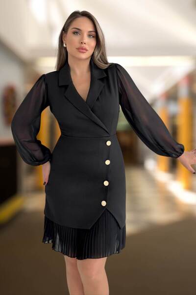 Moda Amore Double Breasted Blazer Chiffon Long Sleeve Gold Button Pleated Detail Midi Dress (Red/Black/Coffee) 2665