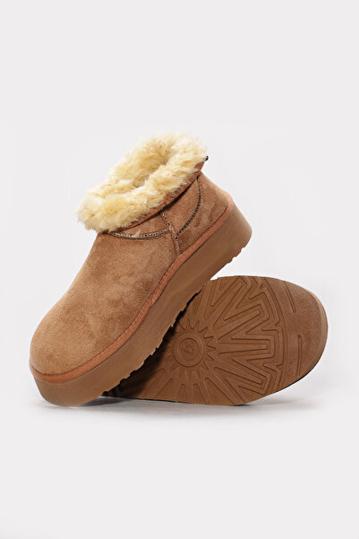 FAST STEP Women's Tan Boots Short Length Winter Lightweight Fur Lined Ug Model Thick Sole Boots 947Sza1000