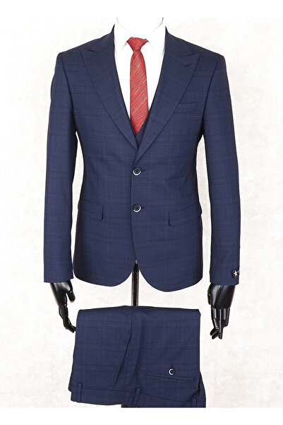 Jan Carlucci Slim Fit Sivri Yaka-Çift Yırtmaç Lacivert Kareli Drop 6 Yelekli ...