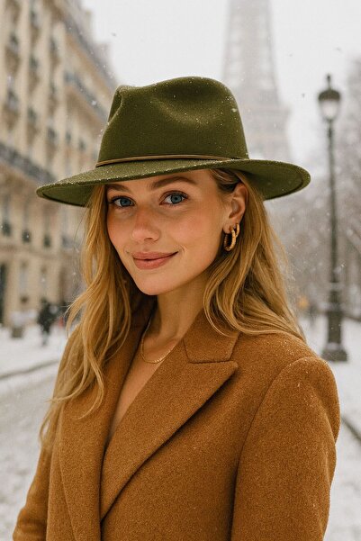 MARBERRY Γυναικείο καπέλο Fedora - Χακί με λεπτομέρεια αξεσουάρ