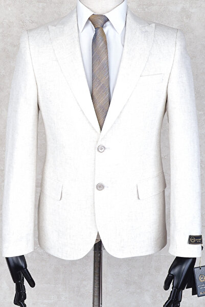 Jan Carlucci Sivri Yaka -İki Düğme Çift Yırtmaç Slimfit Drop 6 Ceket- Krem Rengi