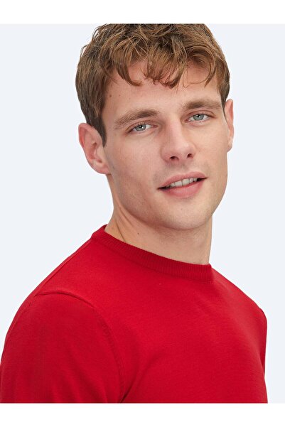Kip Kırmızı Bisiklet Yaka Düz Örgü Triko Kazak