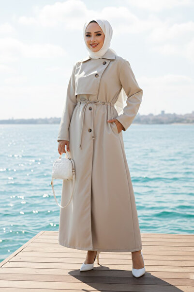 Neva Style Μπεζ κουμπιά Hijab Trench Coat - 684BEJ