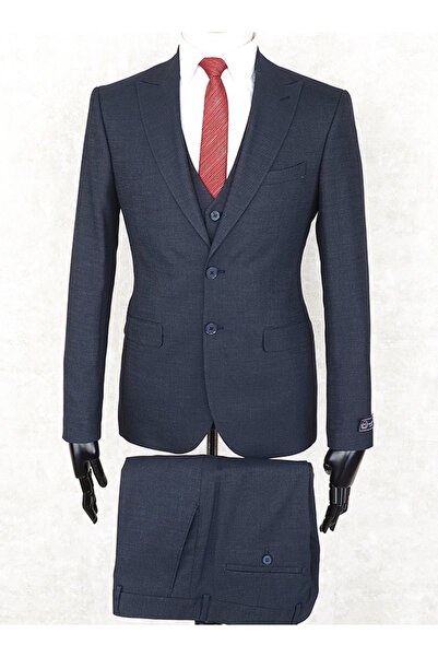 Jan Carlucci Slim Fit Sivri Yaka-Çift Yırtmaç Lacivert Drop 6 Yelekli Takım E...