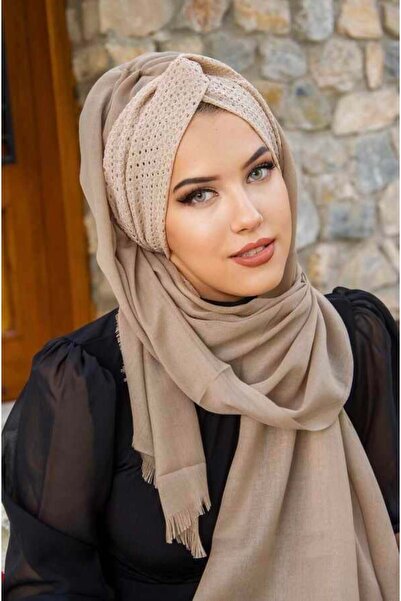 Aişe tesettür Beige Lace Twist Ready Shawl