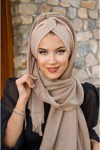 Aişe tesettür Beige Lace Twist Ready Shawl