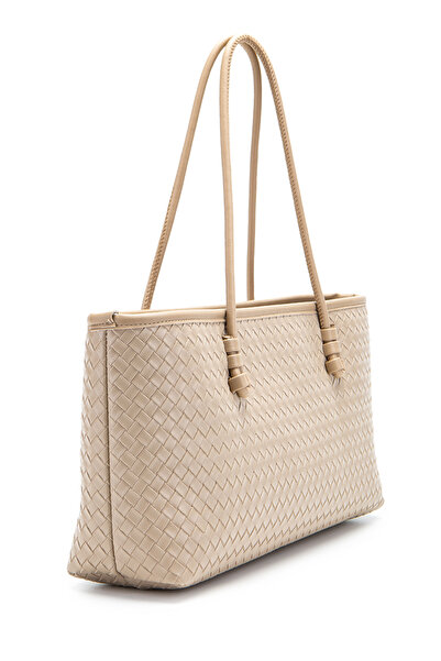 minebag Κρέμα γυναικείας τσάντας ώμου Dora από συνθετικό δέρμα με πλεκτή λεπτομέρεια