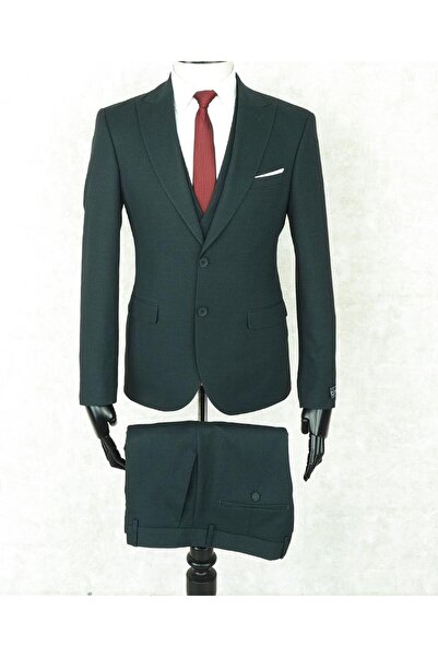 Jan Carlucci Slim Fit Sivri Yaka-Çift Yırtmaç Yeşil Drop 6 Yelekli Takım Elbise