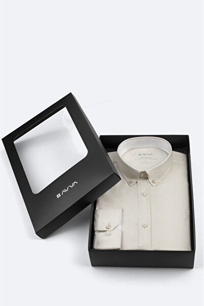 Avva Чоловіча сорочка бежевого кольору з ґудзиками на комірі, в подарунковій коробці, 100% бавовна, базова модель, прямий крій B002034