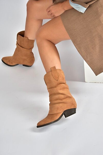 Fox Shoes V404041002 Taba Süet Kalın Topuklu Kadın Bot