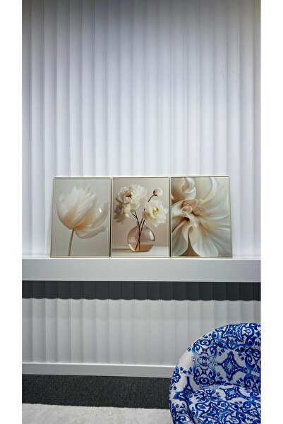 Tablomtr Sonsuz Saflık - Dijital Baskılı Gold Metal Çerçeveli Gerçek Camlı 3'lü Dekoratif Tablo