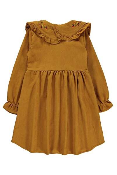 Civil Girls Yaka Nakışlı 6-9 Yaş Elbise - Hardal 7-8 Yaş