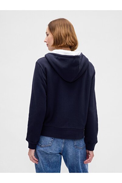 GAP Kadın Lacivert Relaxed Logo Sherpa-Astarlı Fermuarlı Sweatshirt