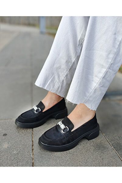 EVEREST SHOES Women's Black Suede Stone Buckle Loafer Shoes