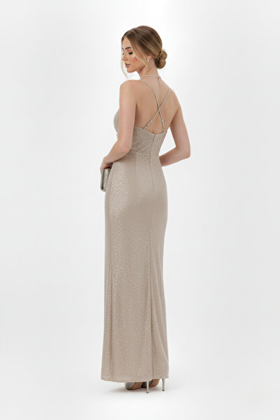 HOX'S Monica | Pul Payetli İnce Askılı Kruvaze Yaka Önden Yırtmaçlı Uzun Abiye Elbise - Bej
