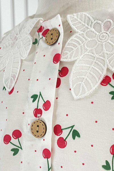 SUBU TASARIM Λευκό Cherry Φόρεμα - Λεπτομέρεια γιακά MDVK136