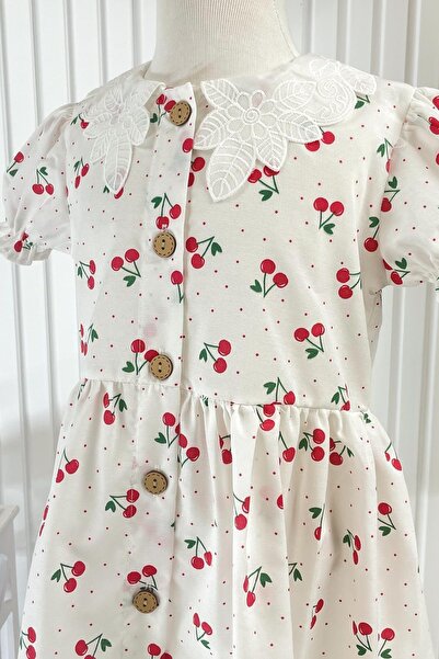 SUBU TASARIM Λευκό Cherry Φόρεμα - Λεπτομέρεια γιακά MDVK136
