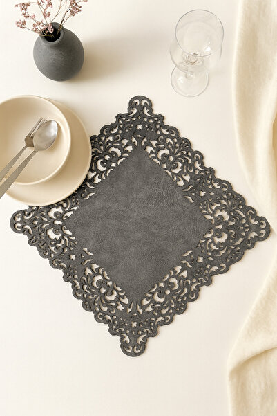 Ergüven Home Koyu Gri Süet Kumaş Kare Supla Amerikan Servis Takımı 6'lı 35x35cm