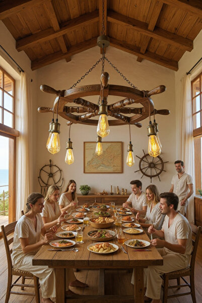 Can Marangozluk Ahşap 87 Cm Rustik Ahşap Gemi Dümeni Avizesi Endüstriyel Zincirli, Açık Ceviz,Eskitme Renk Duy