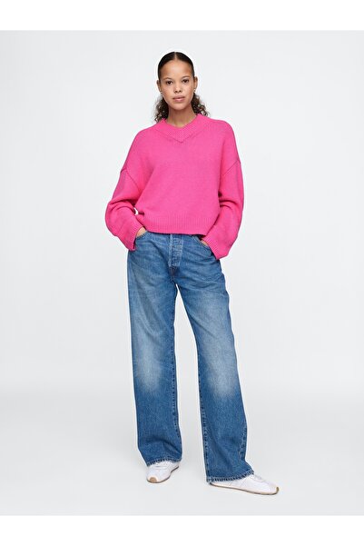 GAP Kadın Pembe CashSoft Oversize V Yaka Kazak