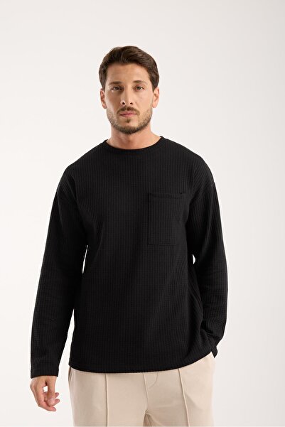 Store Basic Cotton Waffle Fabric Men's Sweatshirt – Relaxed Fit Solid Color Long Sleeve Crew Neck