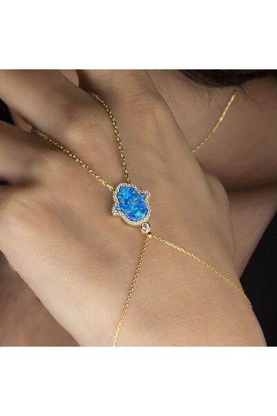 SARIASLAN 925 Ayar Altın Renginde Opal Taşlı Fatma Ana Eli Gümüş Şahmeran