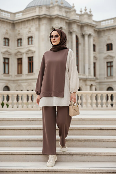 ASEL FASHİON Γυναικείο Σετ Hijab Line Διπλό Σετ Πουκάμισο Καφέ