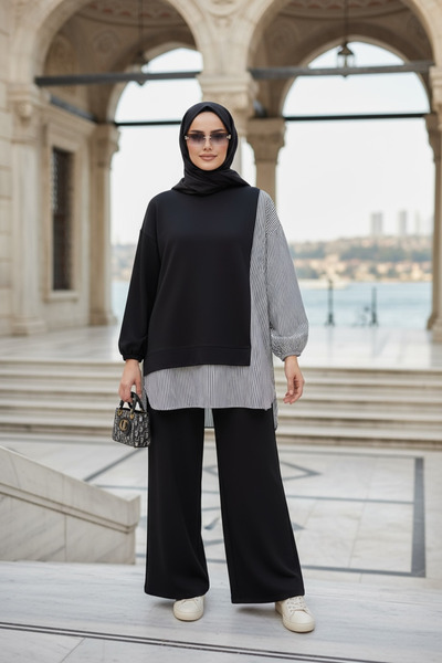 Aselim Hijap Moda Women's Hijab Suit Line Double Suit Shirt Black