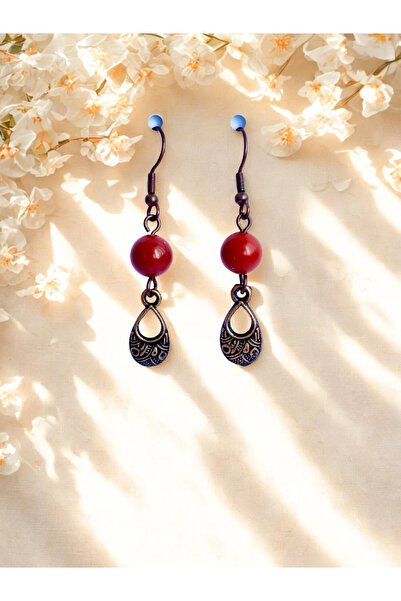 ayrestyle Kaplan Gözü & Jasper Doğal Taşlı Bohem Damla Sallantılı, Kadın 2'li Küpe Seti, Kahverengi -Kırmızı