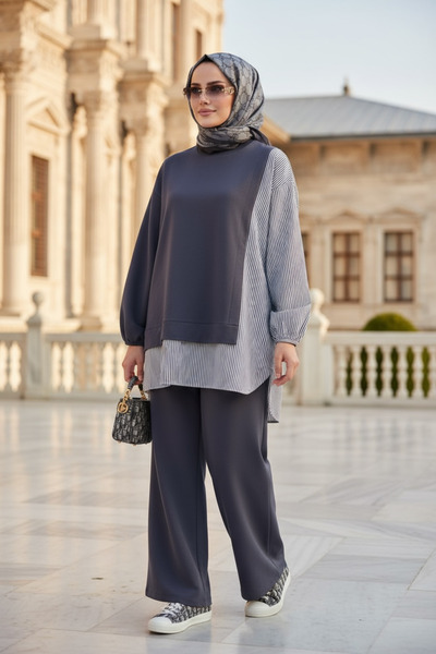 Aselim Hijap Moda Women's Hijab Suit Line Double Suit Shirt Dark Gray