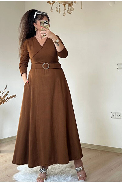 AZRA BUTİK Халка Кемерли Трико Елбисе - КАФЕ