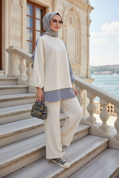 Aselim Hijap Moda Women's Hijab Suit Line Double Suit Shirt Ecru