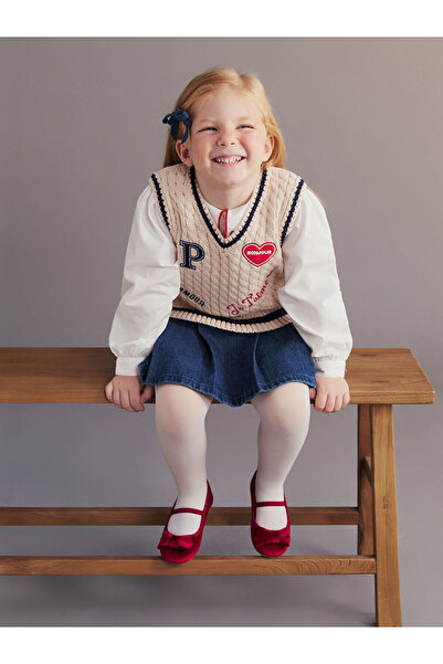 LC Waikiki Lcw Kids Beige V-Neck Patterned Girl's Knitwear Sweater