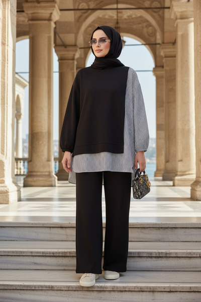 Aselim Hijap Moda Women's Hijab Suit Line Double Suit Shirt Black