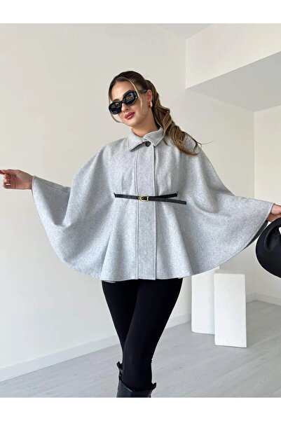 HARMONY GLOBAL Kadın Gri Hakim Yaka Kemerli Kaşe Panço 15732