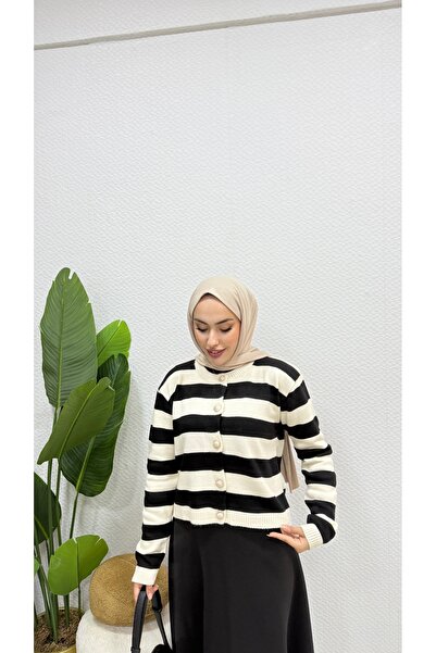 modasusev Πλεκτό Ζακέτα Ριγέ - Λεπτομέρεια με κουμπί