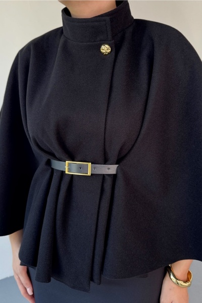 Safgiyim44 Gold Buttoned Belt Detailed Cashmere Poncho