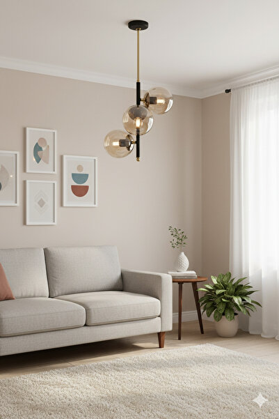 Luzarana Perla 3 Lü Siyah-Gold Metal Gövde Bal Camlı Tasarım Lüx Avize