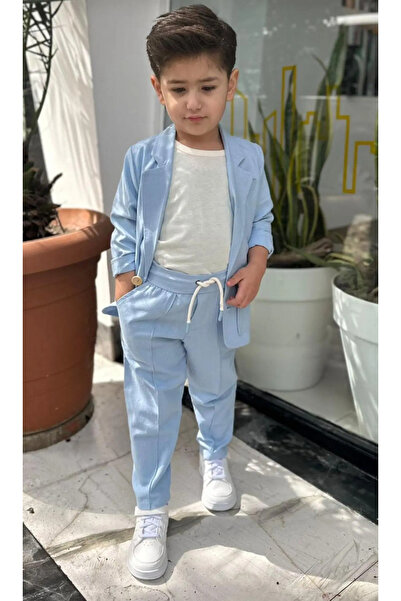 rg kidsstore Erkek Çocuk Doğal Keten Kumaş, Pantolon, Tişört, Ceket 3'lü Takım Elbise_RG1465