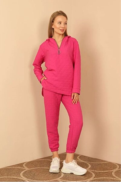 Genel Markalar Jakar Kumaş Kapüşonlu Kapitone Takım-Fuşya