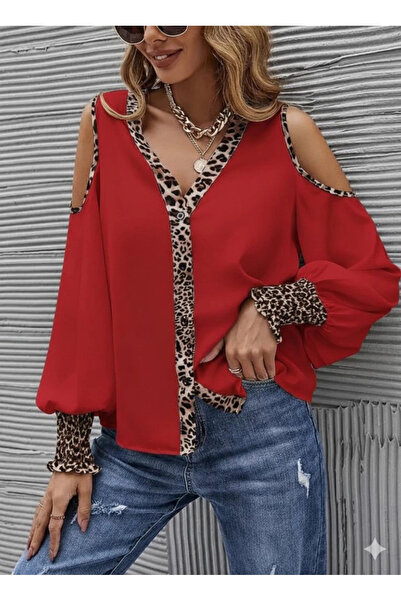 MODA Women's off-the-shoulder blouse with leopard print detail and button-up front.