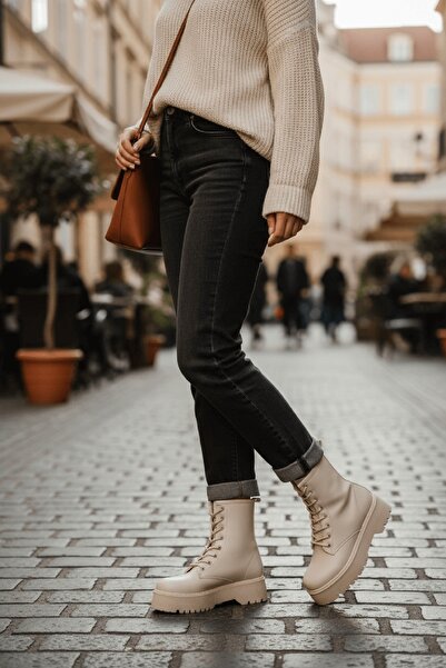 DİVOLYA Γυναικείες καθημερινές μπότες Armoni Beige Skin Thick Sole