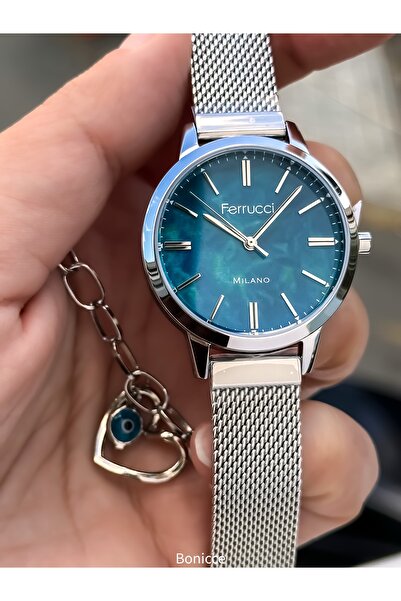 Ferrucci سوار ساعة يد نسائية من العلامة التجارية باللون الأزرق الفضي، مصنوع م...