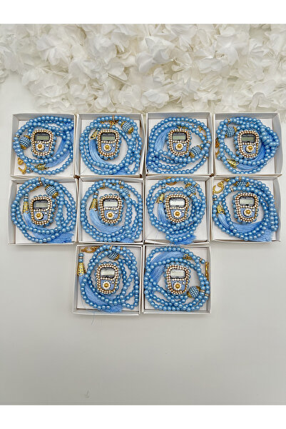 lenagiftworkshop طقم مسبحة صلاة زركماتيك من الحجر الأزرق 10 قطع - هدية مولود-حج-عمرة في علبة