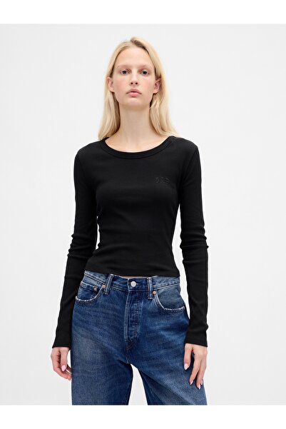 GAP Kadın Siyah Ribana Crop Bisiklet Yaka T-Shirt